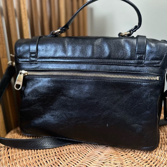 Badgley Mischka Black Leather Satchel Two—Toned Hardware Turnlock Crossbody - Picture 8 of 12